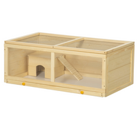 PawHut Wooden Hamster Cage with Sliding Tray for Gerbils - Natural Wood-With a hut and ramp
