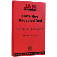 JAM Paper Papier cartonné recyclé format légal de 8 1/2 x 14 po, Brite Hue rouge, 50/paquet-Rouge recyclé