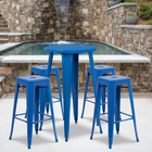 24'' Round Blue Metal Indoor-Outdoor Bar Table Set with 4 Square Seat Backless Barstools (CH-51080BH-4-30SQST-BL-GG)-24"W x 24"D x 41"H