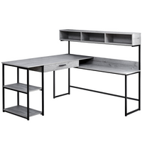Monarch Specialties 7160 Computer Desk - Grey/Black Metal Corner-L-shaped computer desk with storage in a grey wood-look finish and a slender yet sturdy metal base in a black finish