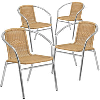 Flash Furniture 4 pièces - Chaise empilable de restaurant commerciale pour intérieur et extérieur en aluminium et rotin beige-Ensemble de 4 chaises de café empilables