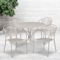 Table de jardin ronde de 35,25 po en acier et 4 chaises au dossier rond, intérieur/extérieur, gris pâle [CO-35RD-03CHR4-SIL-GG]-Ensemble comprenant 1 table et 4 chaises