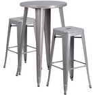 24'' Round Silver Metal Indoor-Outdoor Bar Table Set with 2 Square Seat Backless Barstools (CH-51080BH-2-30SQST-SIL-GG)-Indoor Outdoor Sets