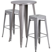 24'' Round Silver Metal Indoor-Outdoor Bar Table Set with 2 Square Seat Backless Barstools (CH-51080BH-2-30SQST-SIL-GG)-Indoor Outdoor Sets