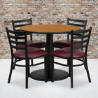 Flash Furniture – Table ronde de 36 po, dessus stratifié naturel et base ronde et 4 chaises en métal, siège en vinyle bourgogne-L’ensemble comprend 4 chaises, un dessus de table rond et une base ronde