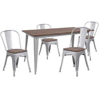 Flash Furniture – Ensemble de table en métal argenté, 30,25 po x 60 po avec surface en bois et 4 chaises empilables-Acier argent/galvanisé, métal, plastique, caoutchouc, bois