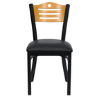 Chaise de restaurant de la série HERCULES en métal noir avec dossier à lattes - dossier en bois naturel et siège en vinyle noir-Ensemble de 2 chaises de salle à manger en métal
