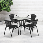 Flash Furniture 28" Square Glass Metal Table with Black Rattan Edging & 4 Black Rattan Stack Chairs-Designed for Commercial and Residential Use