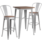 Flash Furniture – Ensemble de table, hauteur de bar en métal/dessus en bois argent carré, 23,5 po, et 2 tabourets -Acier argent/galvanisé, métal, plastique, caoutchouc, bois