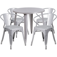30'' Round Silver Metal Indoor-Outdoor Table Set with 4 Arm Chairs (CH-51090TH-4-18ARM-SIL-GG)-Indoor Outdoor Sets