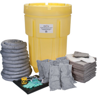 Zenith Safety 95-Gallon Shop Spill Kits, Universal, With Overpack Drum-Contents: 100 Sorbent Pads (15" x 17"), 10 Sorbent Socks (3" x 120"), 8 Sorbent Pillows (8" x 18"), 1 Drain Cover (36 " x 36"), 1 Caution Tape (3" x 500'), 2 Pairs Nitrile Gloves, 2XL (11), 2 Pairs Safety Goggles (One Size), 2 Microporous Coveralls (X-Large), 10 Disposal Bags (26" x 36")