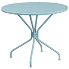 Table de jardin ronde de 35,25 po en acier bleu ciel et 2 chaises au dossier carré, intérieur/extérieur [CO-35RD-02CHR2-SKY-GG]-Pour l’intérieur ou l’extérieur