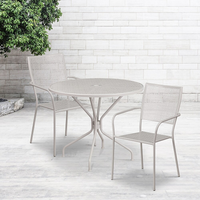Table de jardin ronde de 35,25 po en acier gris pâle et 2 chaises à dossier carré, intérieur/extérieur [CO-35RD-02CHR2-SIL-GG]-Ensemble comprenant 1 table et 2 chaises