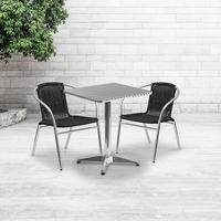 Flash Furniture 23.5'' Square Aluminum Indoor-Outdoor Table with 2 Black Rattan Chairs (TLH-ALUM-24SQ-020BKCHR2-GG)-Aluminum, Plastic, Rattan, Stainless Steel
