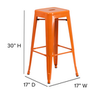 Tabouret de bar intérieur / extérieur de 30 po haut qualité commerciale en métal orange sans dossier avec siège carré-Finition du cadre enduit de poudre orange