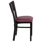 Chaise de restaurant HERCULES en métal noir avec dossier à lattes - dossier en bois d'acajou et siège en vinyle bourgogne-Siège rembourré en vinyle bourgogne
