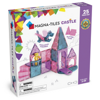 Magna-Tiles - Ensemble de construction magnétique Castle de 25 pièces-Ce Qui Est Inclus: 25 pièces magnétiques, dont 1 pont-levis, 1 dragon, 1 personnage royal, 1 escalier en colimaçon, 1 balcon, 2 fenêtres, 2 triangles équilatéraux, 2 quarts de cercle, 4 triangles isocèles (2 pailletés, 2 standard) et 10 carrés (4 pailletés, 6 standard). 