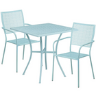 Table de jardin carrée de 28 po en acier bleu ciel et 2 chaises au dossier carré, intérieur/extérieur [CO-28SQ-02CHR2-SKY-GG]-Revêtement thermolaqué bleu ciel