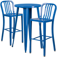 24'' Round Blue Metal Indoor-Outdoor Bar Table Set with 2 Vertical Slat Back Barstools [CH-51080BH-2-30VRT-BL-GG]-Round Metal Bar Set