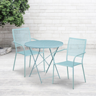 Table de jardin ronde (30po) et pliable en acier bleu ciel/2chaises, dossier carré, intérieur/extérieur [CO-30RDF-02CHR2-SKY-GG]-L’ensemble comprend une table pliable et deux chaises
