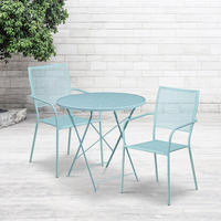 Table de jardin ronde (30po) et pliable en acier bleu ciel/2chaises, dossier carré, intérieur/extérieur [CO-30RDF-02CHR2-SKY-GG]-L’ensemble comprend une table pliable et deux chaises