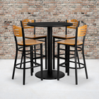 Flash Furniture – Ensemble table ronde 36 po dessus noir stratifié avec base ronde et 4 tabourets en métal, siège bois naturel-Ensemble comprenant 4 tabourets de bar, une surface de table ronde et une base ronde