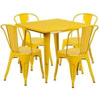 Flash Furniture 31.5'' Square Yellow Metal Indoor-Outdoor Table Set with 4 Stack Chairs (ET-CT002-4-30-YL-GG)-Galvanized Steel, Metal, Rubber