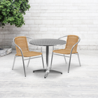 31.5'' Round Aluminum Indoor-Outdoor Table with 2 Beige Rattan Chairs (TLH-ALUM-32RD-020BGECHR2-GG)-31.50"W x 31.50"D x 27.50"H