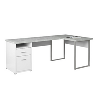 Monarch Specialties 7258 80" Computer Desk - White/Cement-Look Left/Right Face-Contemporary L-shaped computer desk in a two-tone white and grey cement-look laminate finish, supported by sturdy, grey metal legs in a modern rectangular design.