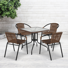 Flash Furniture 28" Square Glass Metal Table with Dark Brown Rattan Edging & 4 Dark Brown Rattan Stack Chairs-Designed for Commercial and Residential Use