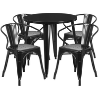 Ensemble avec table ronde en métal de 30 po et 4 sièges à accoudoirs, intérieur/extérieur, noir (CH-51090TH-4-18ARM-BK-GG)-Ensembles d’intérieur et d’extérieur
