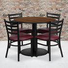 Flash Furniture 36" Round Walnut Laminate Table Set with Round Base & 4 Ladder Back Metal Chairs - Burgundy Vinyl Seat-Set Includes 4 Chairs, Round Table Top and Round Base