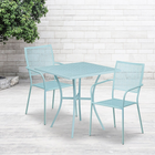Table de jardin carrée de 28 po en acier bleu ciel et 2 chaises au dossier carré, intérieur/extérieur [CO-28SQ-02CHR2-SKY-GG]-Ensemble comprenant 1 table et 2 chaises