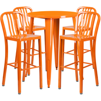 Ensemble de table de bar ronde en métal orange, 4 tabourets à dos lattes verticales, int/ext, 30 po [CH-51090BH-4-30VRT-OR-GG]-Table de bar à café en métal