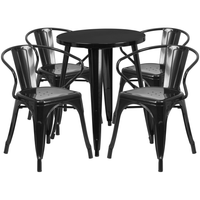 Ensemble avec table ronde en métal noir et 4 sièges à bras ajourés, intérieur/extérieur, 24 po (CH-51080TH-4-18ARM-BK-GG)-Ensembles pour l’intérieur et l’extérieur