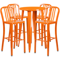 Table de bar ronde de 24 po en métal avec 4 chaises à dossier à lattes verticales, int./ext., orange (CH-51080BH-4-30VRT-OR-GG)-Table de bar à café en métal