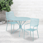 Table de jardin ronde de 35,25 po en acier bleu ciel et 2 chaises au dossier carré, intérieur/extérieur [CO-35RD-02CHR2-SKY-GG]-Ensemble comprenant 1 table et 2 chaises