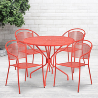 Table de jardin ronde de 35,25 po en acier, et 4 chaises au dossier rond, intérieur/extérieur, corail [CO-35RD-03CHR4-RED-GG]-Ensemble comprenant 1 table et 4 chaises