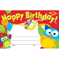 Trend Enterprises - Certificat de reconnaissance à thème d’hiboux, Happy Birthday, 240/paquet (T-81044)-Taille : 5 1/2 haut. x 8 1/2 larg. (po)