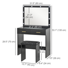 HOMCOM - Coiffeuse avec miroir et lumières - 31,5 po L x 15 po l x 53,1 po H - noir-Panneau de particules revêtu de mélamine avec pieds antidérapants assure la stabilité 