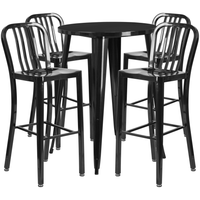 Ensemble de table de bar ronde en métal noir avec 4 tabourets à dos lattes verticales, int/ext, 30 po [CH-51090BH-4-30VRT-BK-GG]-Table de bar à café en métal