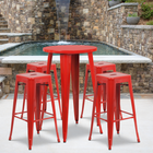 24'' Round Red Metal Indoor-Outdoor Bar Table Set with 4 Square Seat Backless Barstools (CH-51080BH-4-30SQST-RED-GG)-24"W x 24"D x 41"H