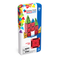 MAGNA-TILES mircoMAGS 26-Piece Travel Magnetic Construction Set -What’s Included: 26 mircoMAGS magnetic tiles, including: 4 Right Triangles, 4 Isosceles Triangles, 6 Equilateral Triangles, 12 Squares. The metal tin packaging provides both convenient storage and baseplate for builds on the go.  
