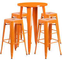 Ensemble de table bar ronde en métal orange avec 4 tabourets carrés, intérieur/extérieur, 24 po (CH-51080BH-4-30SQST-OR-GG)-Ensembles pour l’intérieur et l’extérieur