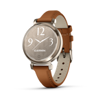 Garmin Lily 2 - Cream Gold Case with Tan Leather Band-Perfect for any look, this small, stylish smartwatch features an all-metal watch case and a beautiful patterned lens. Plus, with a quick tap or wrist turn, the Lily 2 smartwatch reveals a bright display. Choose between a variety of 14 mm quick release bands