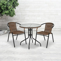 Flash Furniture – Table ronde en verre trempé et en métal de 28 po avec bordure en rotin brun foncé (TLH-087-DK-BN-GG)-Table de jardin