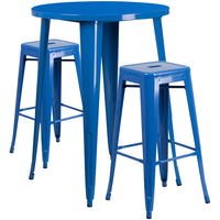 Ensemble de table de bar ronde en métal bleu avec 2 tabourets carrés, intérieur/extérieur, 30 po (CH-51090BH-2-30SQST-BL-GG)-Ensembles pour l’intérieur et l’extérieur