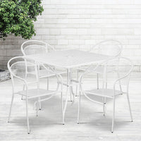 Table de jardin carrée de 35,5 po en acier blanc et 4 chaises au dossier rond, intérieur/extérieur [CO-35SQ-03CHR4-WH-GG]-L’ensemble comprend une table et 4 chaises
