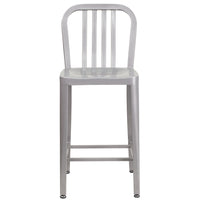 Tabouret de comptoir en métal à dossier à lattes verticales, intérieur/extérieur, hauteur de 24 po, argenté (CH-61200-24-SIL-GG)-Tabouret de comptoir moderne style industriel