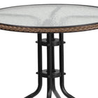 Table ronde en verre/métal 28 po, bordure en rotin brun foncé et 2 chaises empilables en rotin brun foncé (TLH-087RD-037BN2-GG)-L'ensemble comprend une table et 2 chaises